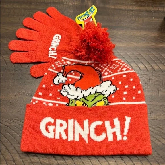 Seuss Accessories Childrens Grinch Beanie Hat With Gloves